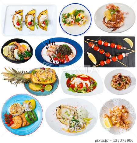 Assorted squid and cuttlefish dishes on a white background Assorted squid and cuttlefish dishes on a white background 125378906