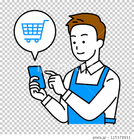 A man wearing an apron shopping online with a smartphone A man wearing an apron shopping online with a smartphone 125378931