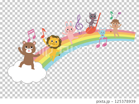 虹の上で音符と遊ぶかわいい動物たち 125378939