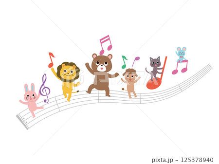 五線譜の上で音符と遊ぶかわいい動物たち 五線譜の上で音符と遊ぶかわいい動物たち 125378940