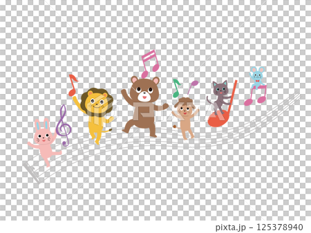 可愛的動物在五線譜上玩音符 125378940