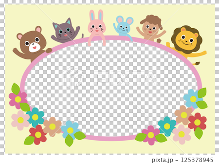 Cute animals and flowers frame, oval horizontal Cute animals and flowers frame, oval horizontal 125378945