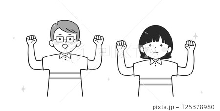 ガッツポーズする若い男女のモノクロイラスト(上半身) ガッツポーズする若い男女のモノクロイラスト(上半身) 125378980