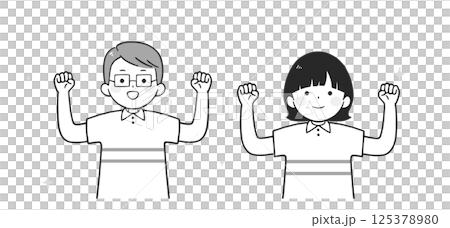 一名年輕男子和一名女子握拳姿勢的單色插圖(上半身) 一名年輕男子和一名女子握拳姿勢的單色插圖(上半身) 125378980