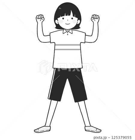 ガッツポーズする若い女性のモノクロイラスト ガッツポーズする若い女性のモノクロイラスト 125379055