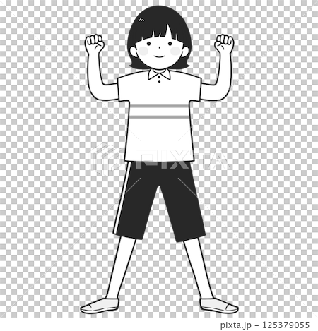 ガッツポーズする若い女性のモノクロイラスト ガッツポーズする若い女性のモノクロイラスト 125379055