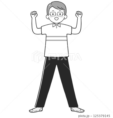 ガッツポーズする眼鏡をかけた若い男性のモノクロイラスト ガッツポーズする眼鏡をかけた若い男性のモノクロイラスト 125379145