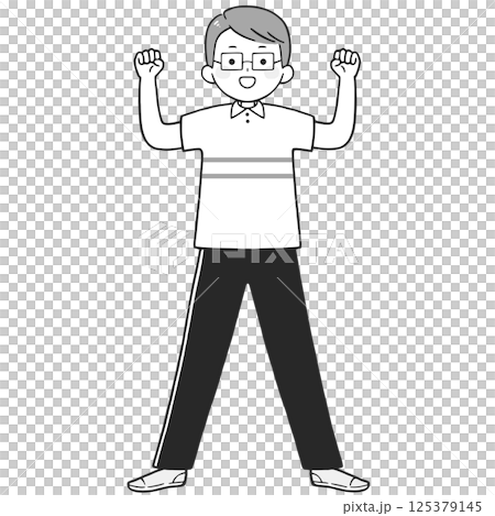 Monochrome illustration of a young man wearing glasses posing with a fist 125379145