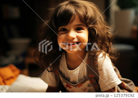 Joyful Young Girl Amidst Toys in a Book-Filled Room, Radiating Childhood Wonder with Tousled Hair. created with Generative AI 125379192