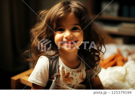 Joyful Young Girl Amidst Toys in a Book-Filled Room, Radiating Childhood Wonder with Tousled Hair. created with Generative AI 125379194