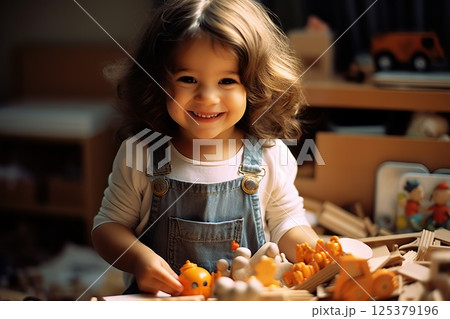 Joyful young girl, tousled hair, innocent reverie, toys, book-filled room, childhood wonder, heartwarming, experience, magic, captured, exuberance, radiates, celebration, unfiltered joy, simple 125379196
