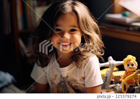 Joyful Young Girl Amidst Toys in a Book-Filled Room, Radiating Childhood Wonder with Tousled Hair. created with Generative AI 125379274