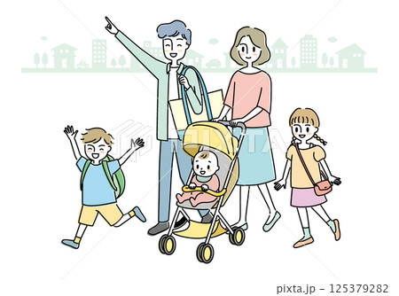 街並みを歩く家族のイラスト 街並みを歩く家族のイラスト 125379282