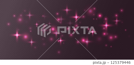 Pink sparkling stars, shiny particles light effect, transparent flying stardust texture 125379446