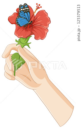 Hand Holding Hibiscus with Blue Butterfly 125379513