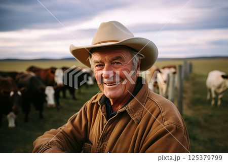 Sundown Serenity Warmly Smiling Elderly Farmer Stands by Fence with Cattle, Embracing Rural Life, Agriculture, and a Lifetime of Experience. created with Generative AI Sundown Serenity Warmly Smiling Elderly Farmer Stands by Fence with Cattle, Embracing Rural Life, Agriculture, and a Lifetime of Experience. created with Generative AI 125379799