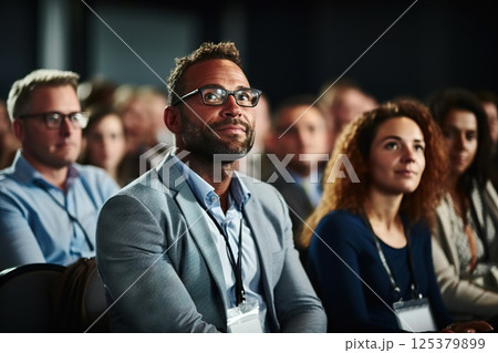 Inclusive Insights Engaged Professionals Attend Modern Business Conference, Showcasing Diversity in Gender and Ethnic Backgrounds in a Dynamic Event Space. created with Generative AI 125379899