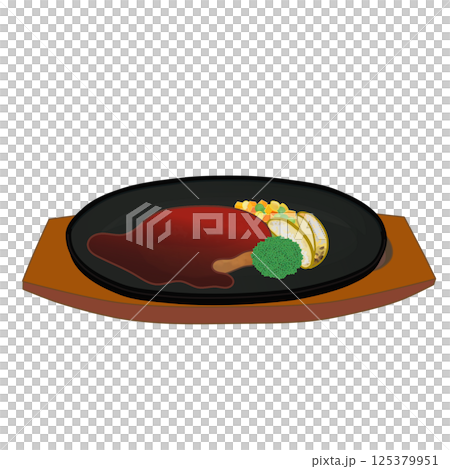 Illustration of a hamburger steak on a hot plate Illustration of a hamburger steak on a hot plate 125379951