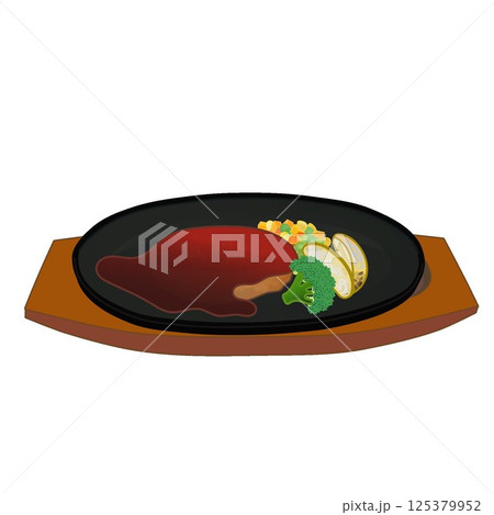 鉄板皿に乗ったハンバーグステーキのイラスト 125379952