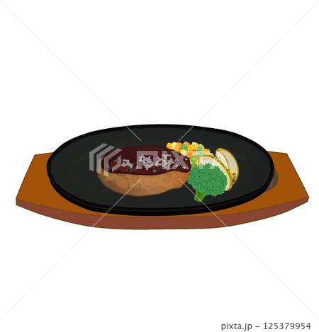 鉄板皿に乗ったハンバーグステーキのイラスト 125379954