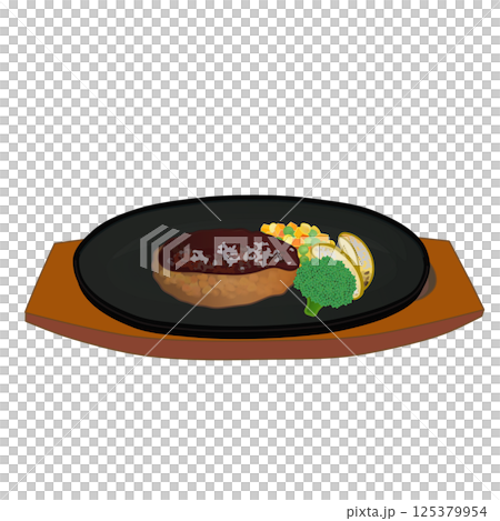 鉄板皿に乗ったハンバーグステーキのイラスト 125379954
