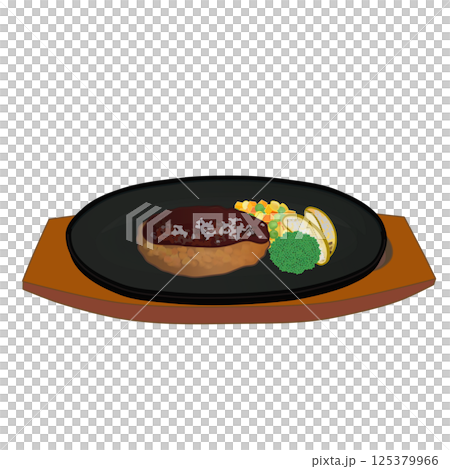 鉄板皿に乗ったハンバーグステーキのイラスト 125379966