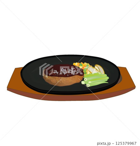 鉄板皿に乗ったハンバーグステーキのイラスト 125379967