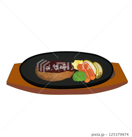 鉄板皿に乗ったハンバーグステーキのイラスト 鉄板皿に乗ったハンバーグステーキのイラスト 125379974