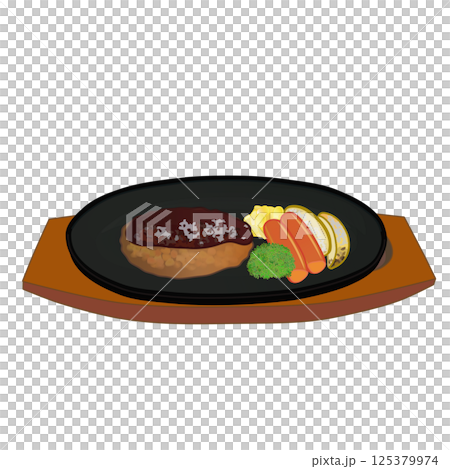 鉄板皿に乗ったハンバーグステーキのイラスト 鉄板皿に乗ったハンバーグステーキのイラスト 125379974