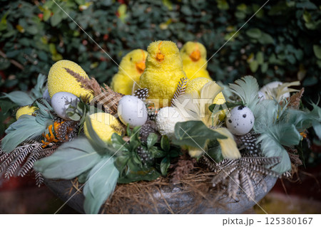 Easter nest with yellow chicks, speckled eggs, and feathers on natural background Easter nest with yellow chicks, speckled eggs, and feathers on natural background 125380167