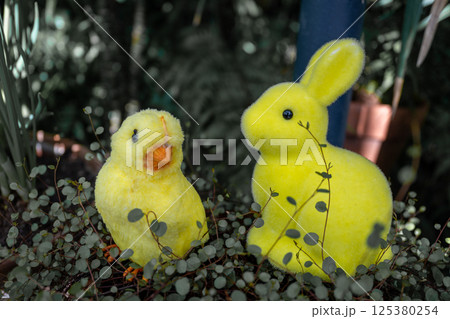 Easter yellow chick and bunny figure in garden foliage during springtime Easter scene  125380254