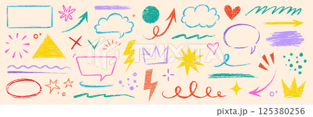 Arrow line hand drawn brush sketch element set. Grunge square, heart, arrow element scribble line brush hand drawn sketch design. Texture abstract chalk, crayon pencil style. Vector 125380256