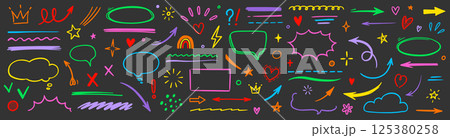 Line hand drawn brush marker arrow, heart shape element chalkboard set. Hand drawn sketch marker underline shape, arrow, star marker brush pen stroke icon heart element. Vector 125380258