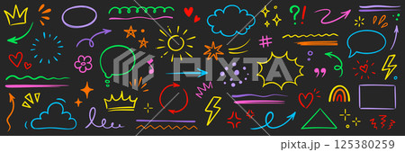 Line hand drawn brush marker arrow, heart, crown element set. Hand drawn sketch marker underline kid color shape, arrow, star scribble brush pen stroke doodle graphic icon. Vector 125380259