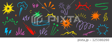 Speed effect comic motion line element set. Comic power motion, dynamite explosive energy, line speed cartoon vector icon. Hand drawn sketch doodle action effect. Vector 125380260