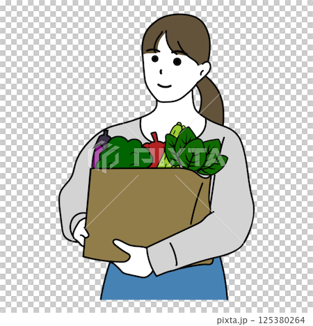 Illustration of a woman holding grocery shopping vegetables 125380264