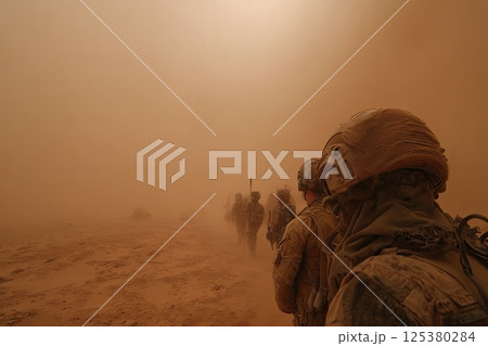 Group of infantrymen patrol area unwavering watching for signs of potential threats. The infantrymen remain alert, ready to respond to any signs of danger during their patrol. 125380284