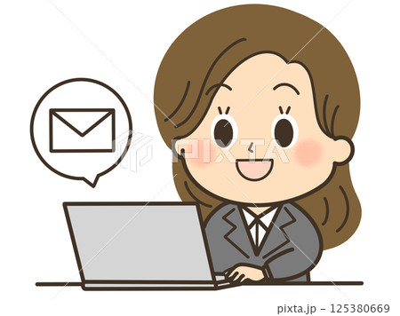パソコンでメールをしているスーツを着たロングヘアの女性のイラスト 125380669