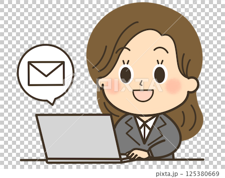 パソコンでメールをしているスーツを着たロングヘアの女性のイラスト 125380669