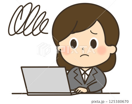 もやもや悩んでいるパソコンを使っているスーツを着た女性のイラスト 125380670