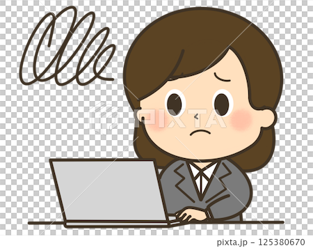 もやもや悩んでいるパソコンを使っているスーツを着た女性のイラスト 125380670