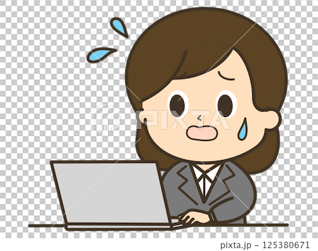 冷や汗をかいて困っているパソコンを使っているスーツを着た女性のイラスト 125380671