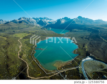 Aerial view of beautiful lake in high altitude mountains landscape 125380756