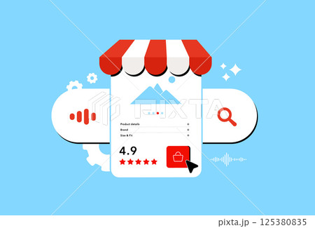 Voice search in marketing using voice input, SEO optimization, digital assistants to improve product discovery and user interaction. Voice search optimized e-commerce product pages vector illustration 125380835