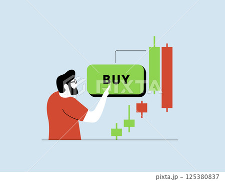 FOMO concept. Trader hits buy during bull trap as candlestick chart spikes. Volatility and poor crypto or stock strategy lead to loss in market. Risk and emotion. Fomo vector illustration and icons 125380837