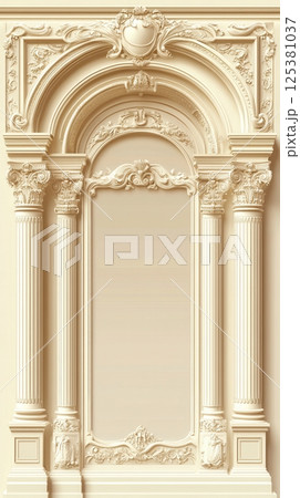 Blank funeral flyer template   with image placeholder and ornate palace motifs 125381037