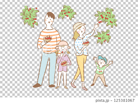 さくらんぼ狩りをしている笑顔の4人家族のシンプル手描きイラスト 125381067