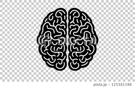 black and white illustration of a human brain top view, ideal for science, education, or psychology related designs, stylized anatomy, concept of mind, psychology, mental power 125381198