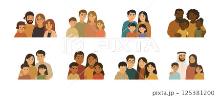 Vector Happy Family With Kids Set. Multicultural Parents and Children. Diverse Families Clipart for Education, Parenting, School Materials. Social, Family Love, Unity and Inclusion Concept 125381200