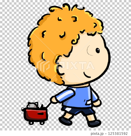 Curly orange hair boy smiling and pulling small trolley cartoon color illustration 125381592